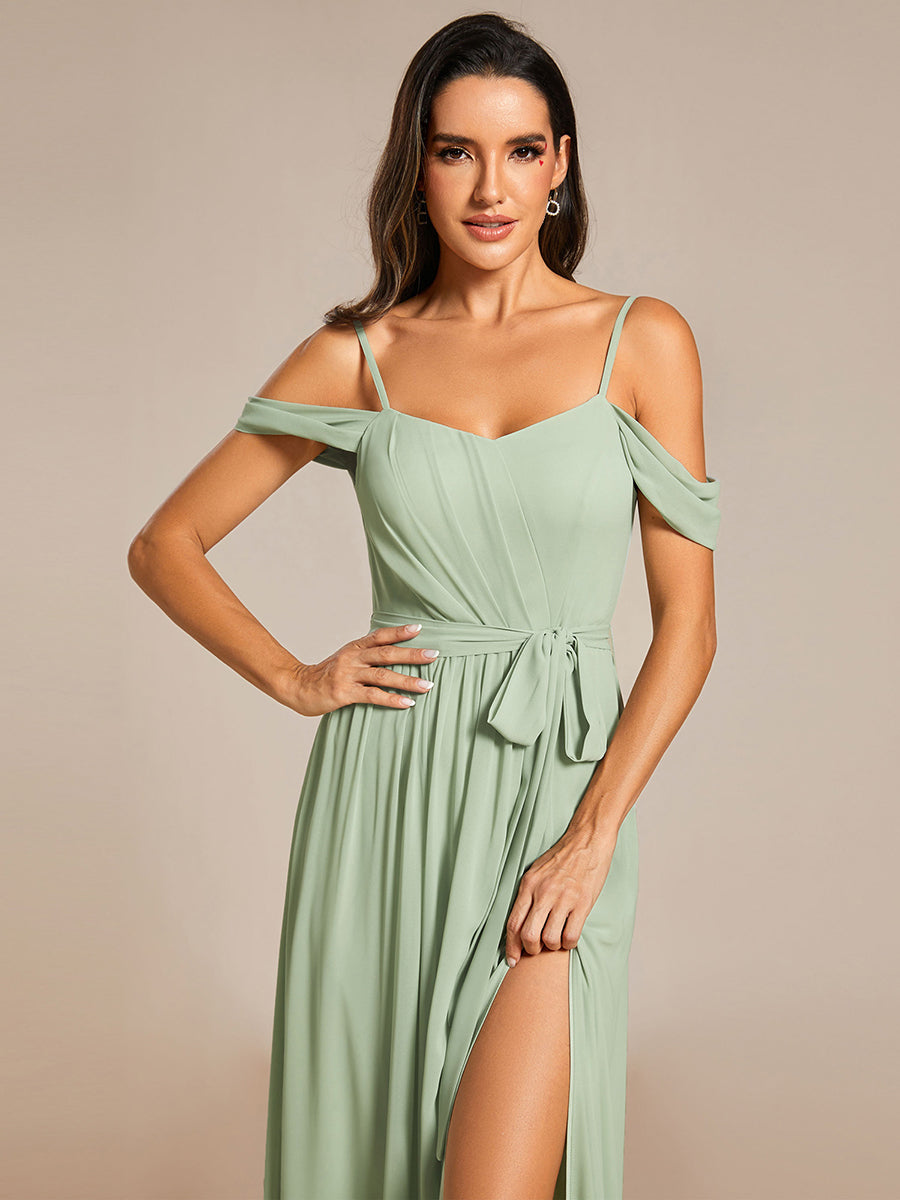 Color=Mint Green | Chiffon Cold Shoulder Bowknot Bridesmaid Dress With Side Split-Mint Green 12