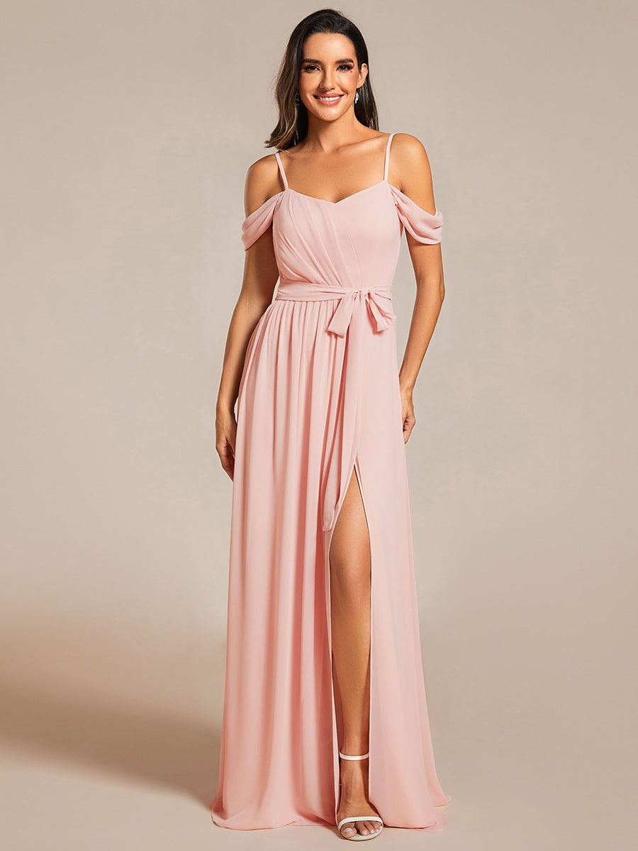 Color=Pink | Chiffon Cold Shoulder Bowknot Bridesmaid Dress With Side Split-Pink 