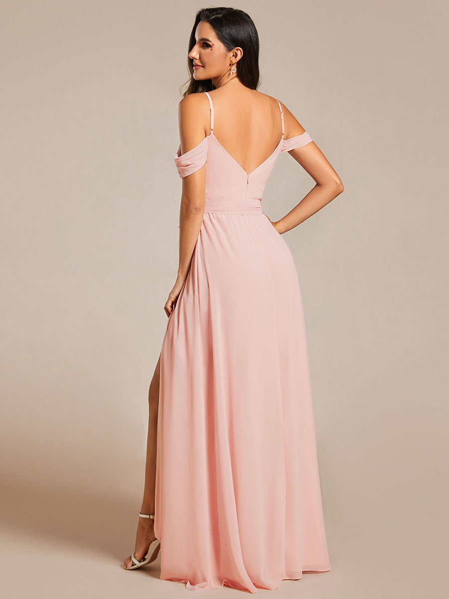 Color=Pink | Chiffon Cold Shoulder Bowknot Bridesmaid Dress With Side Split-Pink 