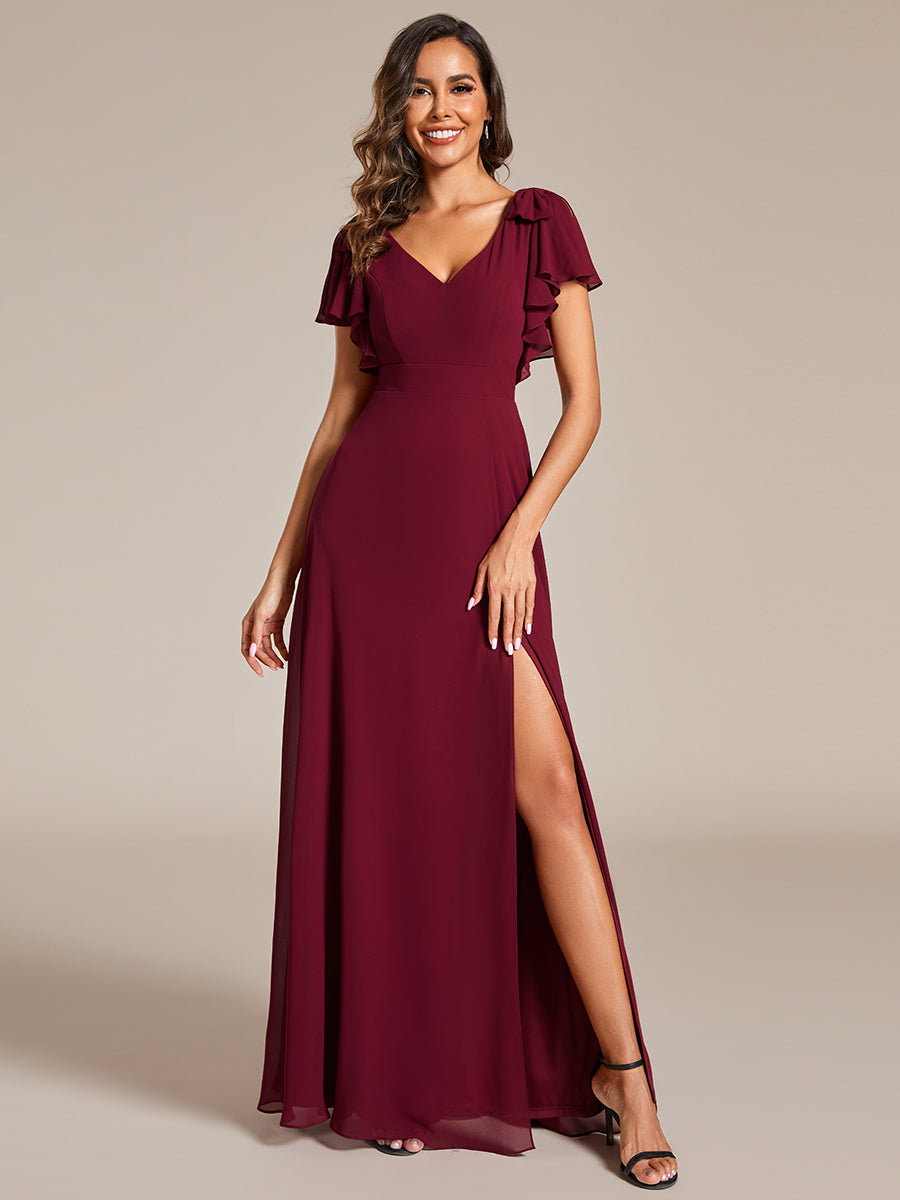 Color=Burgundy | Split Ruffles Sleeves with Bowknot V-neck Chiffon Bridesmaid Dress-Burgundy 3
