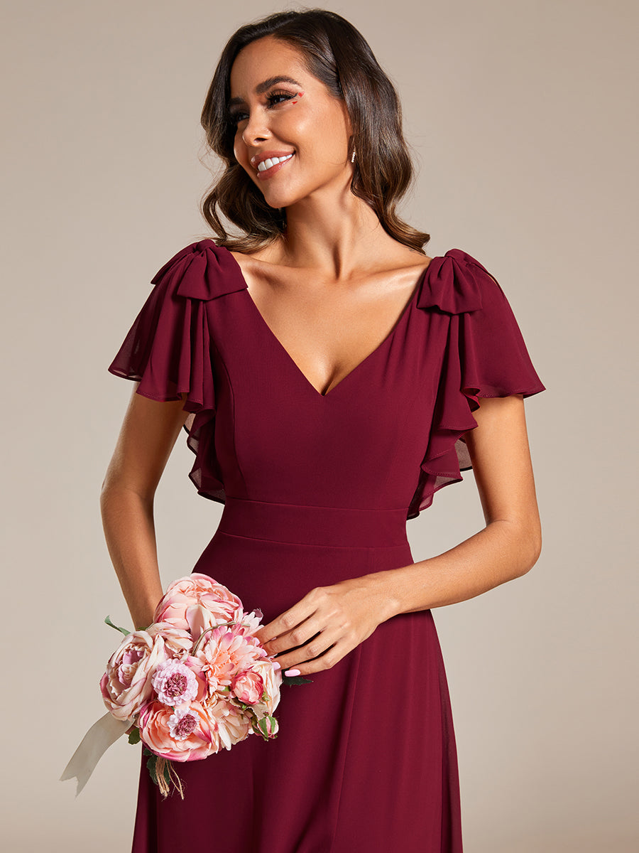 Color=Burgundy | Split Ruffles Sleeves with Bowknot V-neck Chiffon Bridesmaid Dress-Burgundy 2