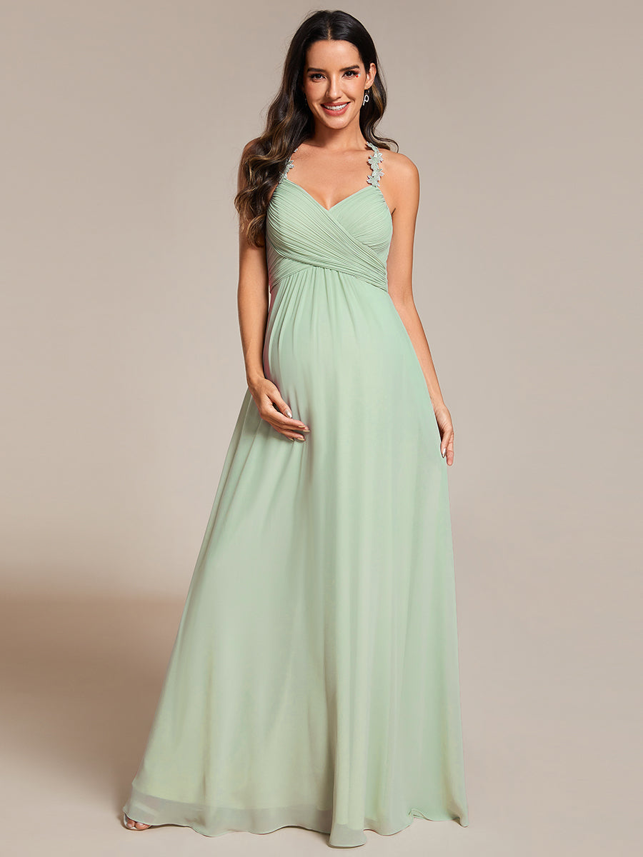 Color=Mint Green | Chiffon Halter Neck Backless Cross Strap Bridesmaid Dress-Mint Green 4