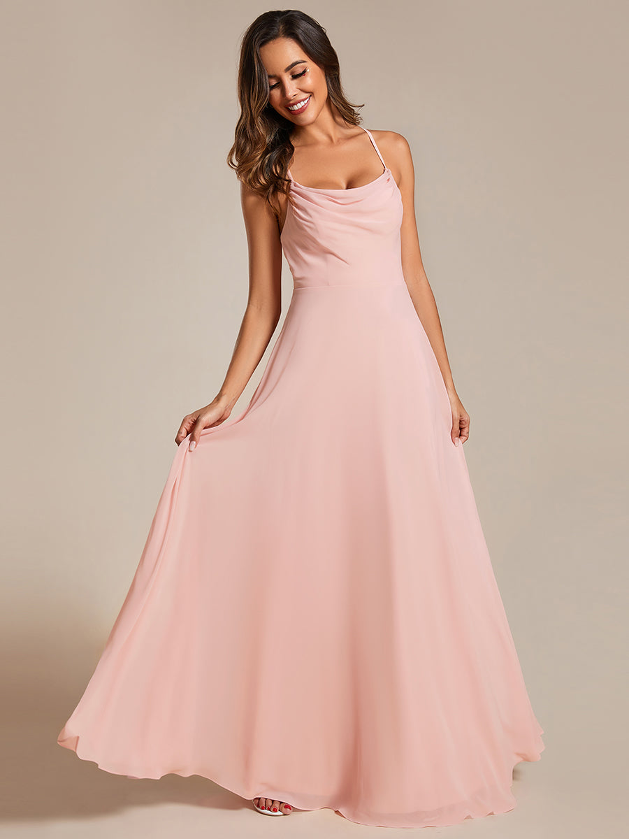 Color=Pink | Spaghetti Straps Draped Collar Floor Length Bridesmaid Dress -Pink