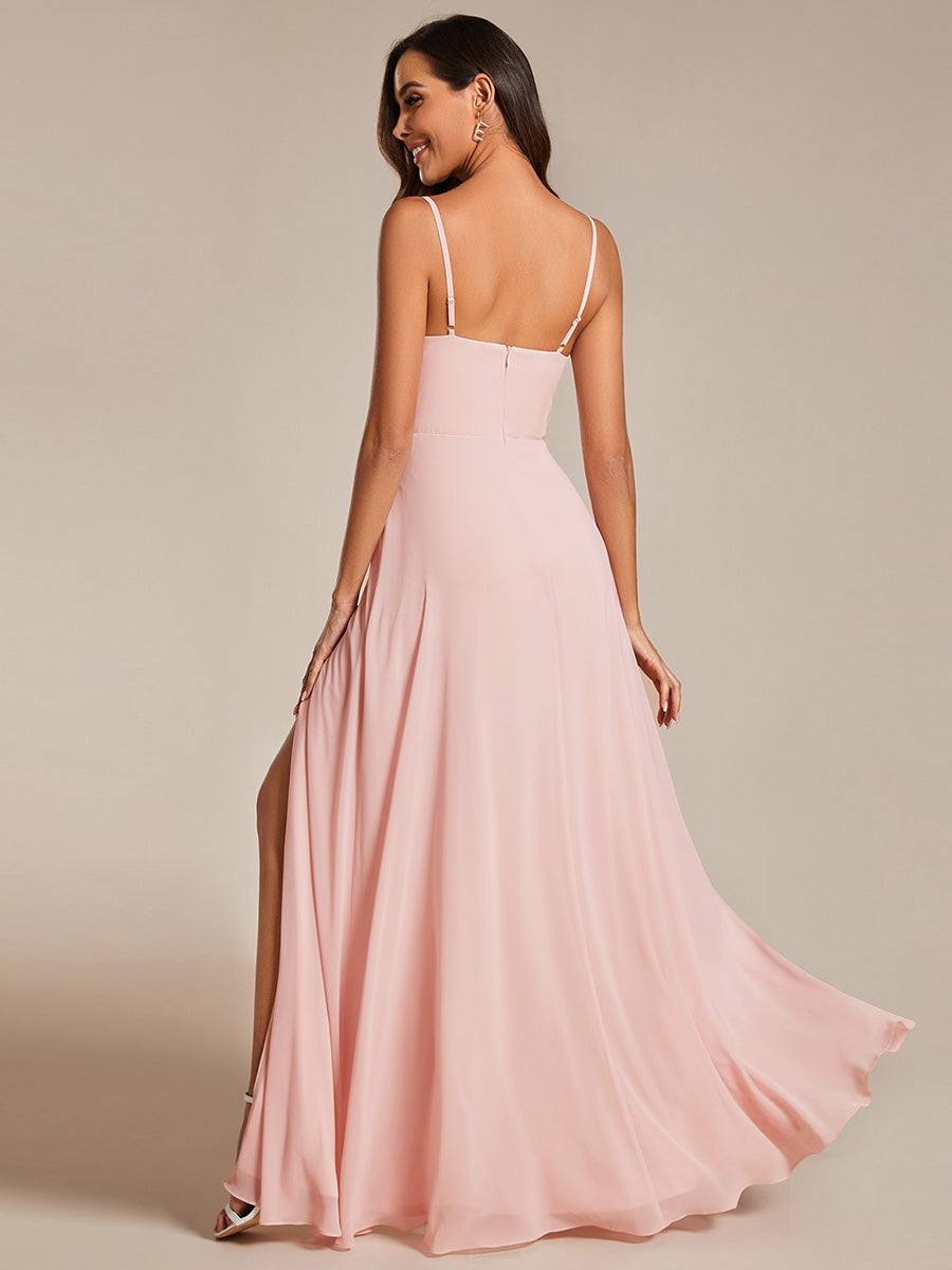 Color=Pink | Chiffon Spaghetti Strap Bridesmaid Dress with High Split-Pink