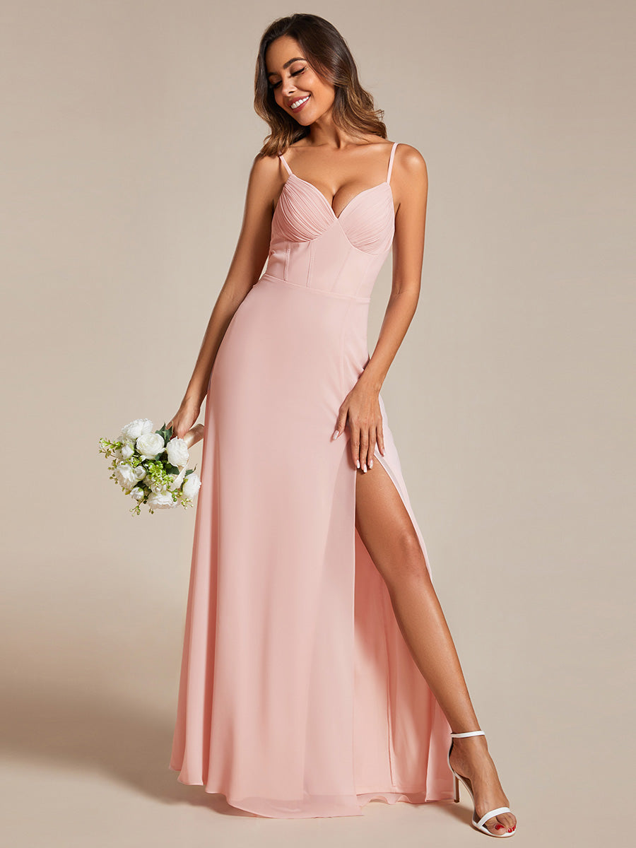 Color=Pink | Chiffon Spaghetti Strap Bridesmaid Dress with High Split-Pink 8