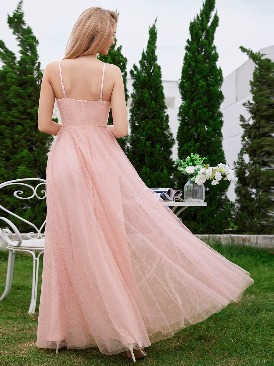 Color=Pink | Romantic Shimmer fabrics Side Split Tulle Dresses Pleated decoration Empire Waist Bridesmaid Dresses -Pink 2
