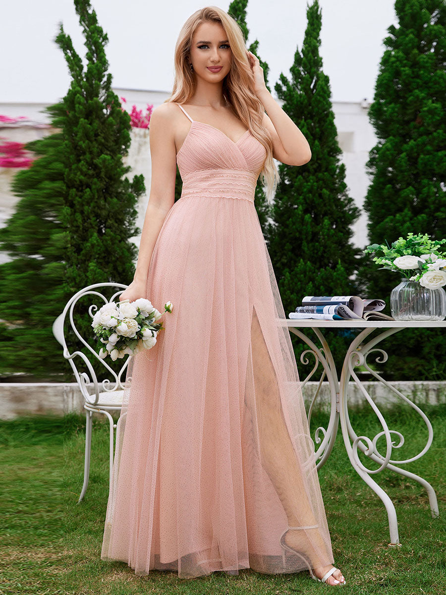 Color=Pink | Romantic Shimmer fabrics Side Split Tulle Dresses Pleated decoration Empire Waist Bridesmaid Dresses -Pink 4