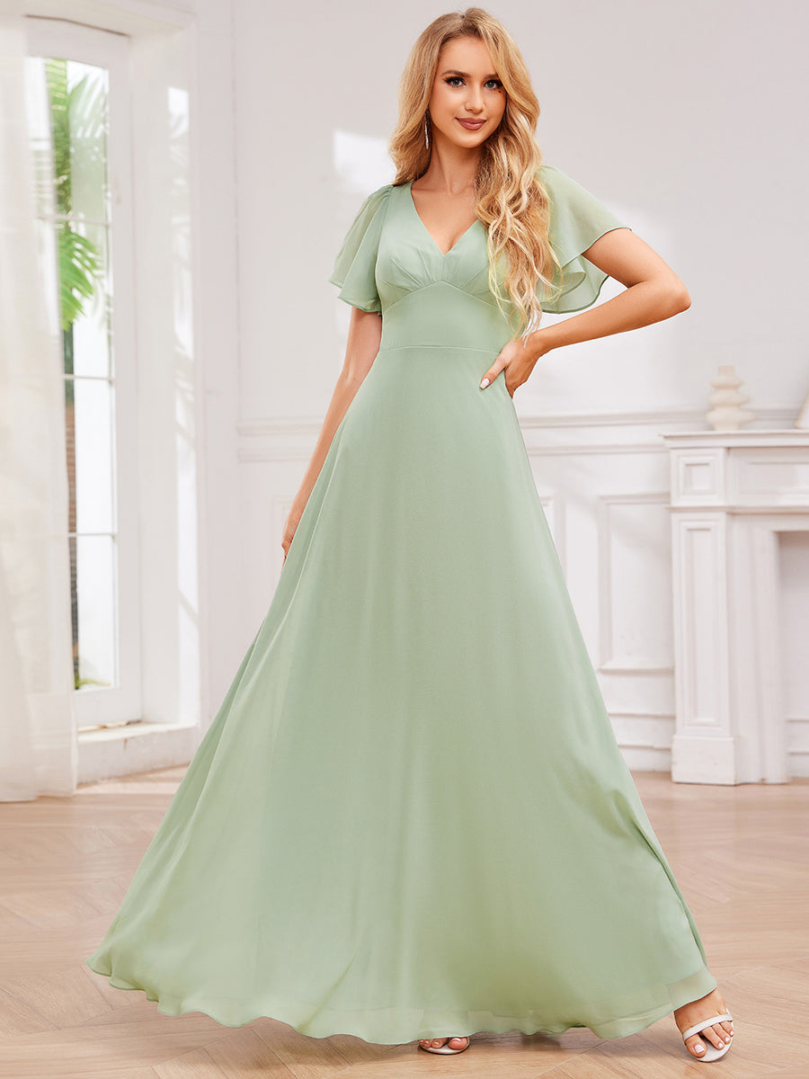 Color=Mint Green | Elegant Bandage Backless Chiffon Evening Dresses with Ruffles Sleeve-Mint Green 4