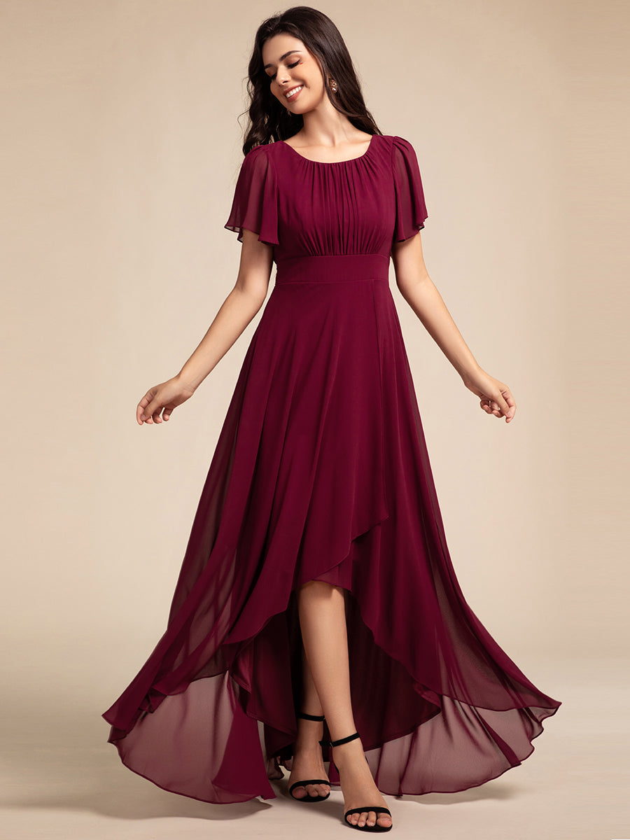 Elegant Round Neck Ruffles Sleeve Chiffon Evening Dresses with Asymmet Elegant Round Neck Ruffles Sleeve Chiffon Evening Dresses with Asymmet
