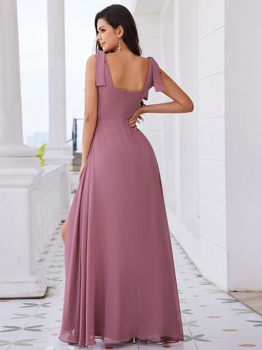 Color=Orchid | Elegant Bowknot binding Square Neckline Chiffon Dresses A-Line Side Split Bridesmaids Dress-Orchid 12