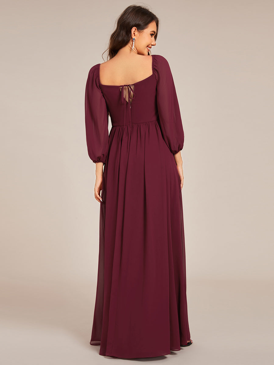 Color=Burgundy | Graceful Sweetheart 3/4 Lantern Sleeve Chiffon Bridesmaid Dresses with Frenulum knotting-Burgundy 2