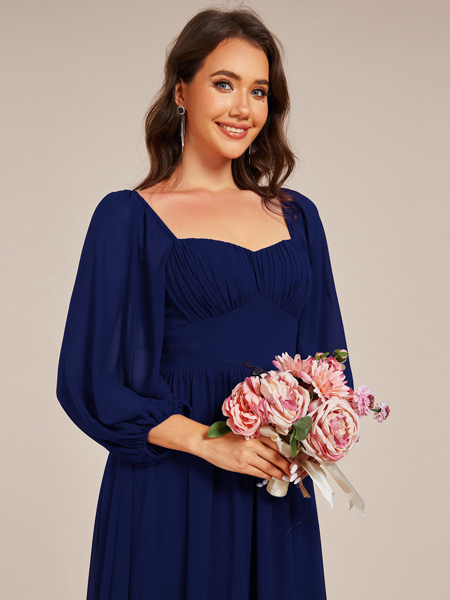 Color=Navy Blue | Graceful Sweetheart 3/4 Lantern Sleeve Chiffon Bridesmaid Dresses with Frenulum knotting-Navy Blue