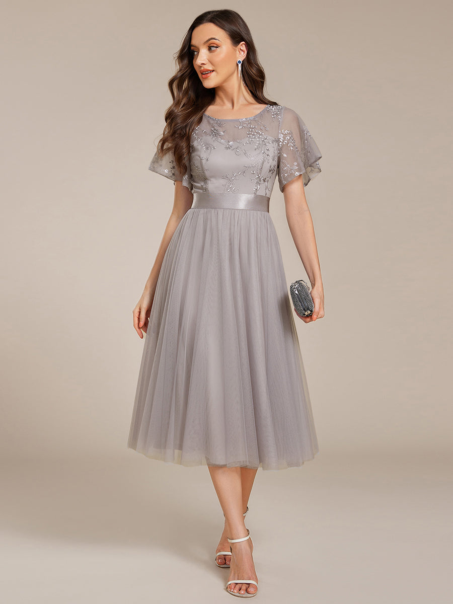 Color=Grey | Graceful Embroidery See-through Round Neck Tulle Bridesmaid Dresses -Grey 4