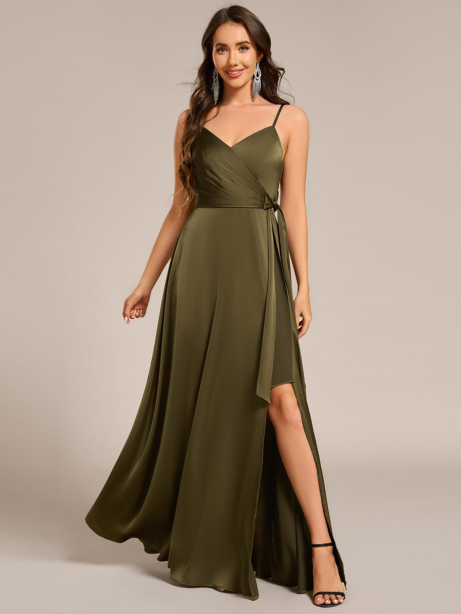 Elegant Floor-Length Spaghetti Straps Split Satin Bridesmaid Dress wit Elegant Floor-Length Spaghetti Straps Split Satin Bridesmaid Dress wit