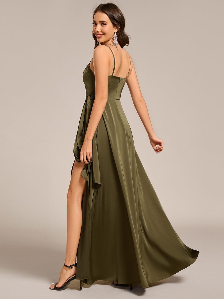 Color=Olive Green | Elegant Floor-Length Spaghetti Straps Split Satin Bridesmaid Dress with Streamer-Olive Green 2