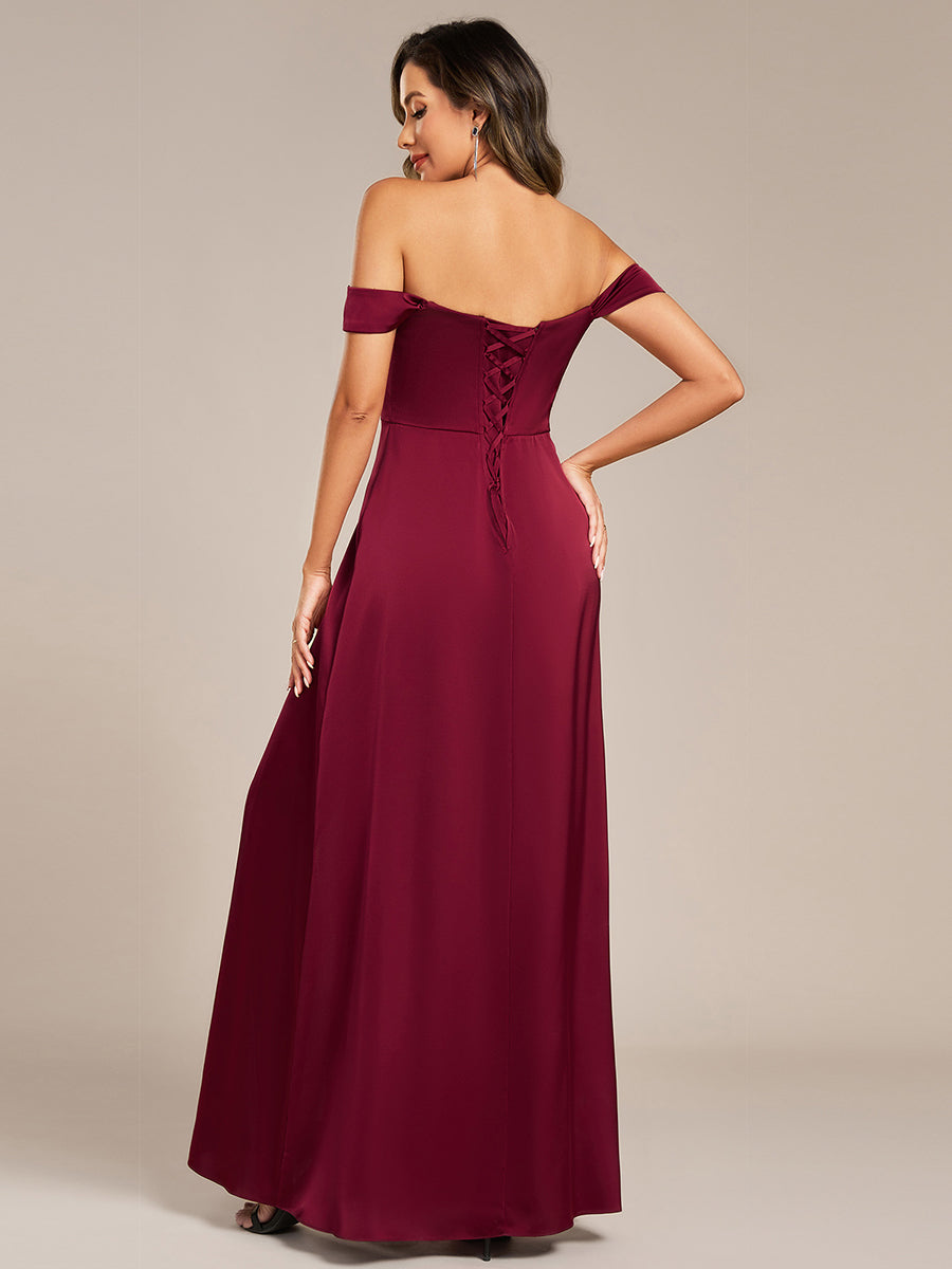 Color=Burgundy | Off Shoulder Short Sleeves Split Bandage Floor-Length Bridesmaid Dress-Burgundy 7