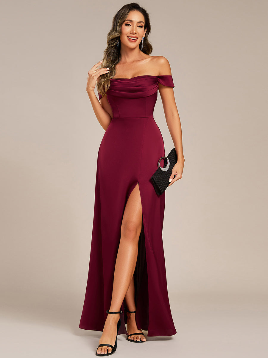 Color=Burgundy | Off Shoulder Short Sleeves Split Bandage Floor-Length Bridesmaid Dress-Burgundy 9