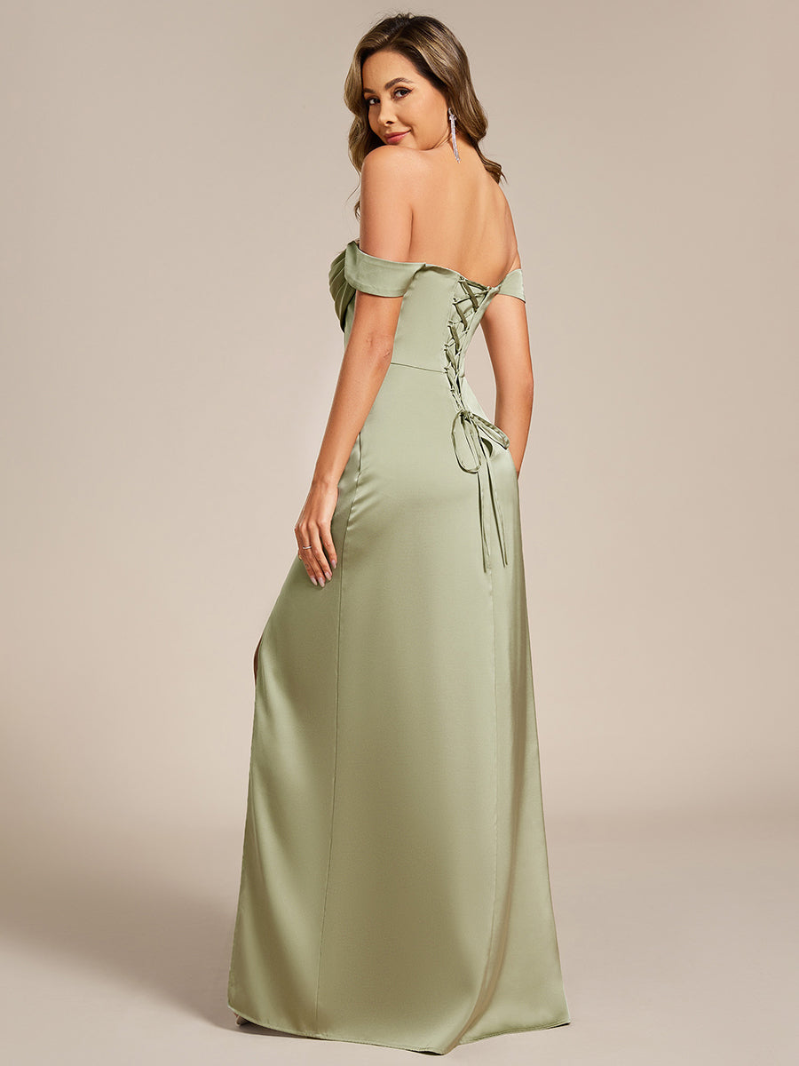Color=Sage Green | Off Shoulder Short Sleeves Split Bandage Floor-Length Bridesmaid Dress-Sage Green 2