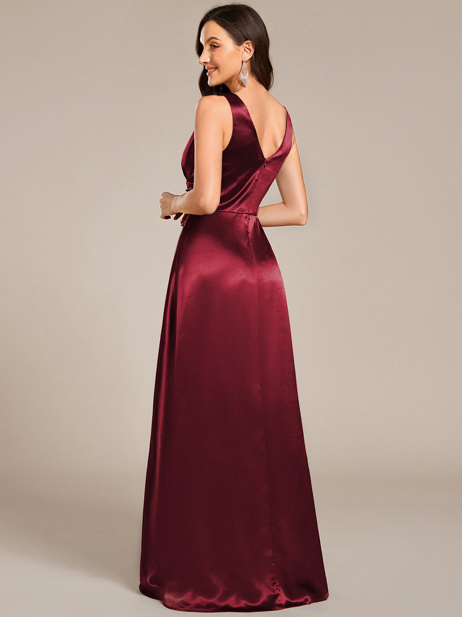 Color=Burgundy | Elegant Deep V-Neck Floor Length Empire Waist Satin Bridesmaid Dresses with Pockets-Burgundy 2