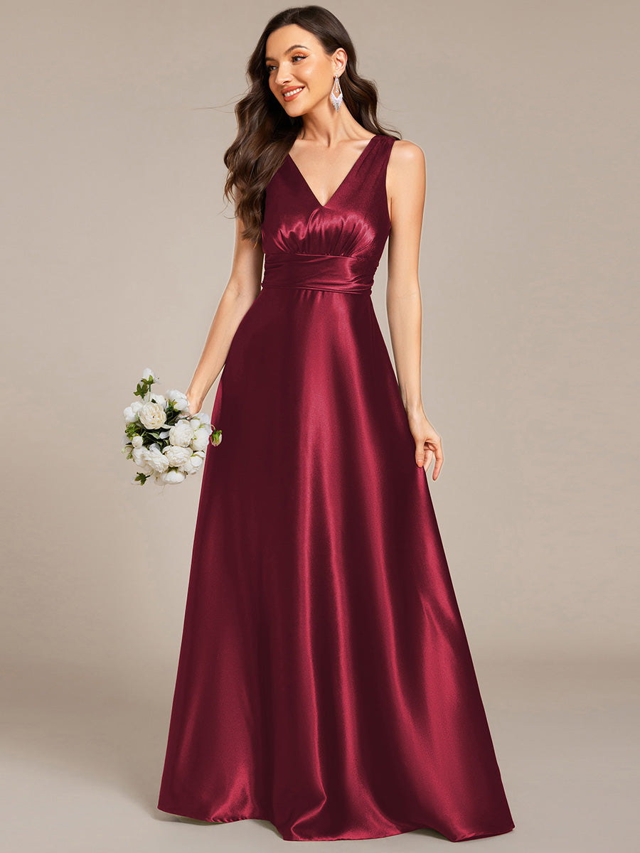 Color=Burgundy | Elegant Deep V-Neck Floor Length Empire Waist Satin Bridesmaid Dresses with Pockets-Burgundy 1