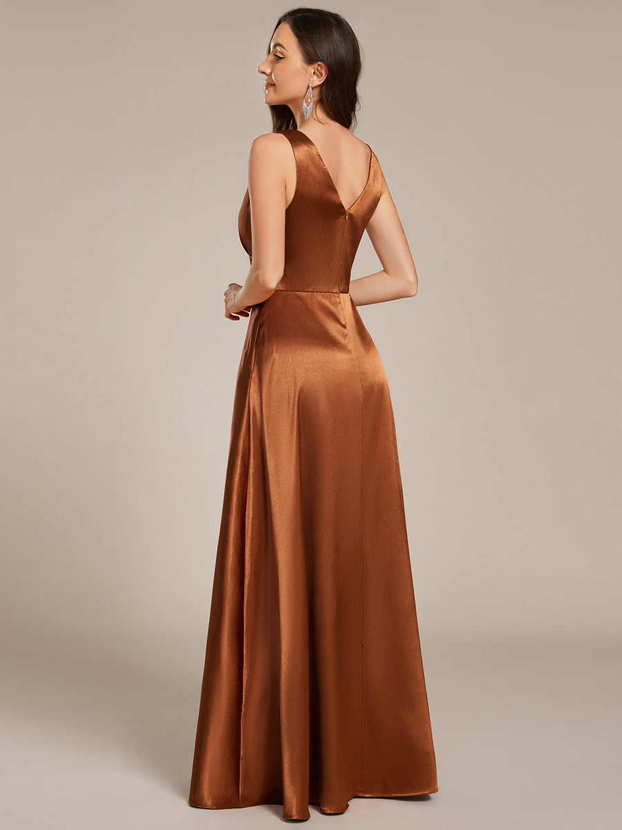 Color=Copper | Elegant Deep V-Neck Floor Length Empire Waist Satin Bridesmaid Dresses with Pockets-Copper 2