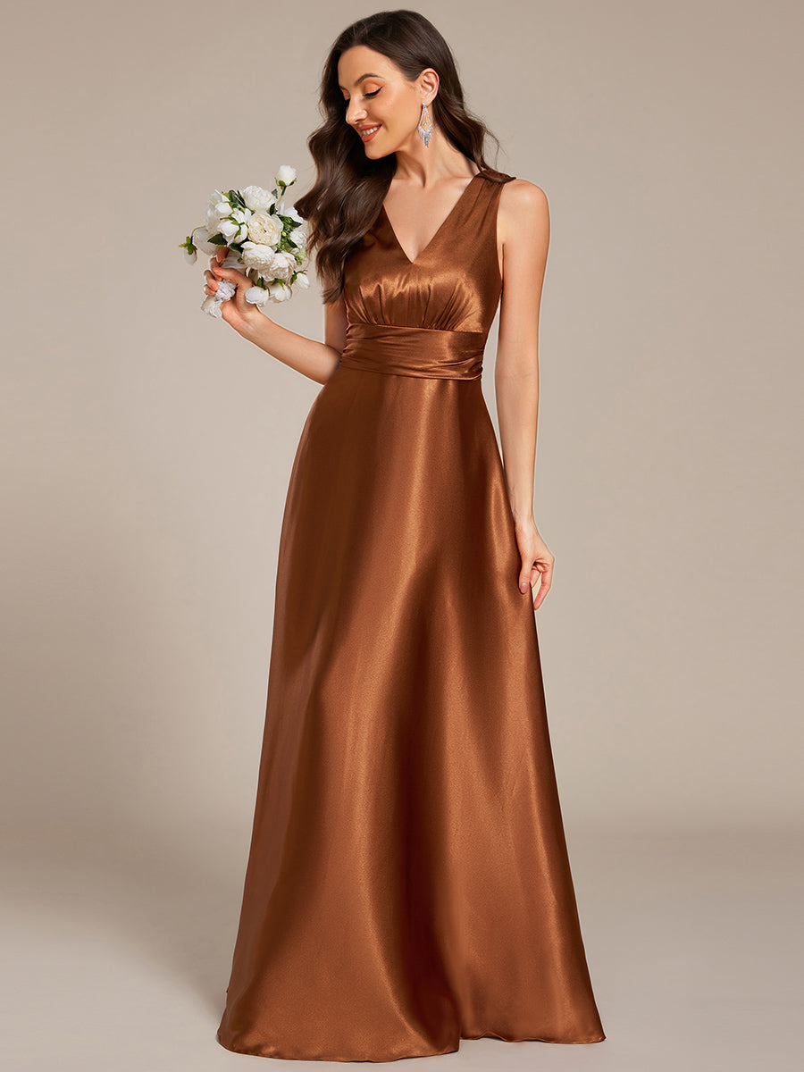 Color=Copper | Elegant Deep V-Neck Floor Length Empire Waist Satin Bridesmaid Dresses with Pockets-Copper 4