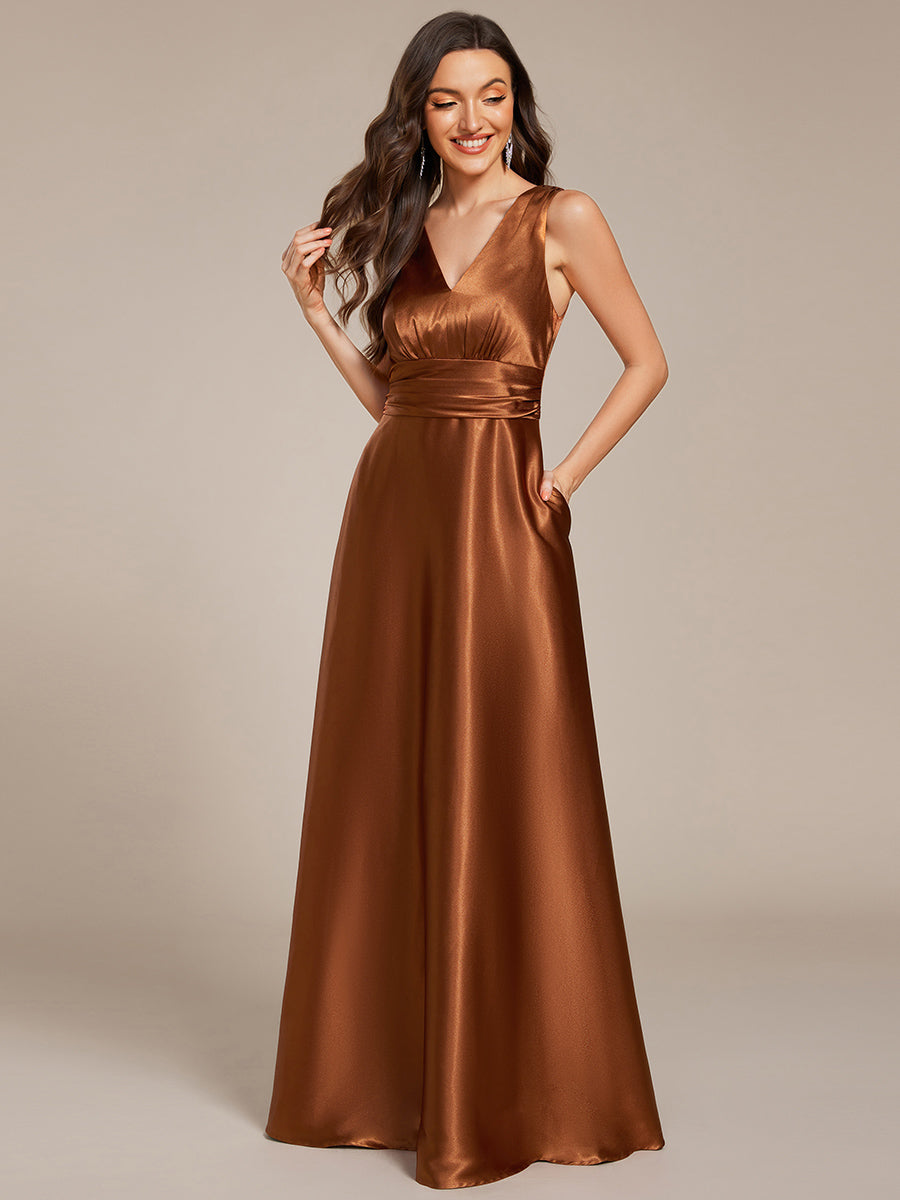 Color=Copper | Elegant Deep V-Neck Floor Length Empire Waist Satin Bridesmaid Dresses with Pockets-Copper 1