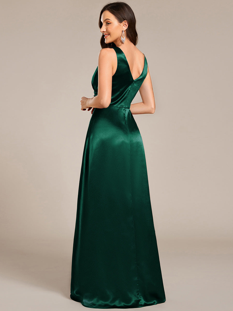 Color=Dark Green | Elegant Deep V-Neck Floor Length Empire Waist Satin Bridesmaid Dresses with Pockets-Dark Green 2