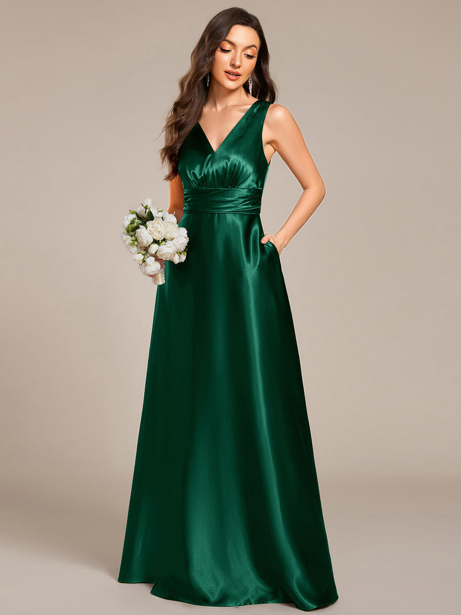 Color=Dark Green | Elegant Deep V-Neck Floor Length Empire Waist Satin Bridesmaid Dresses with Pockets-Dark Green 4
