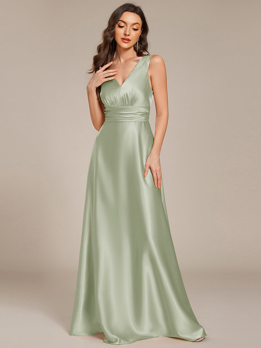Color=Mint Green | Elegant Deep V-Neck Floor Length Empire Waist Satin Bridesmaid Dresses with Pockets-Mint Green 4