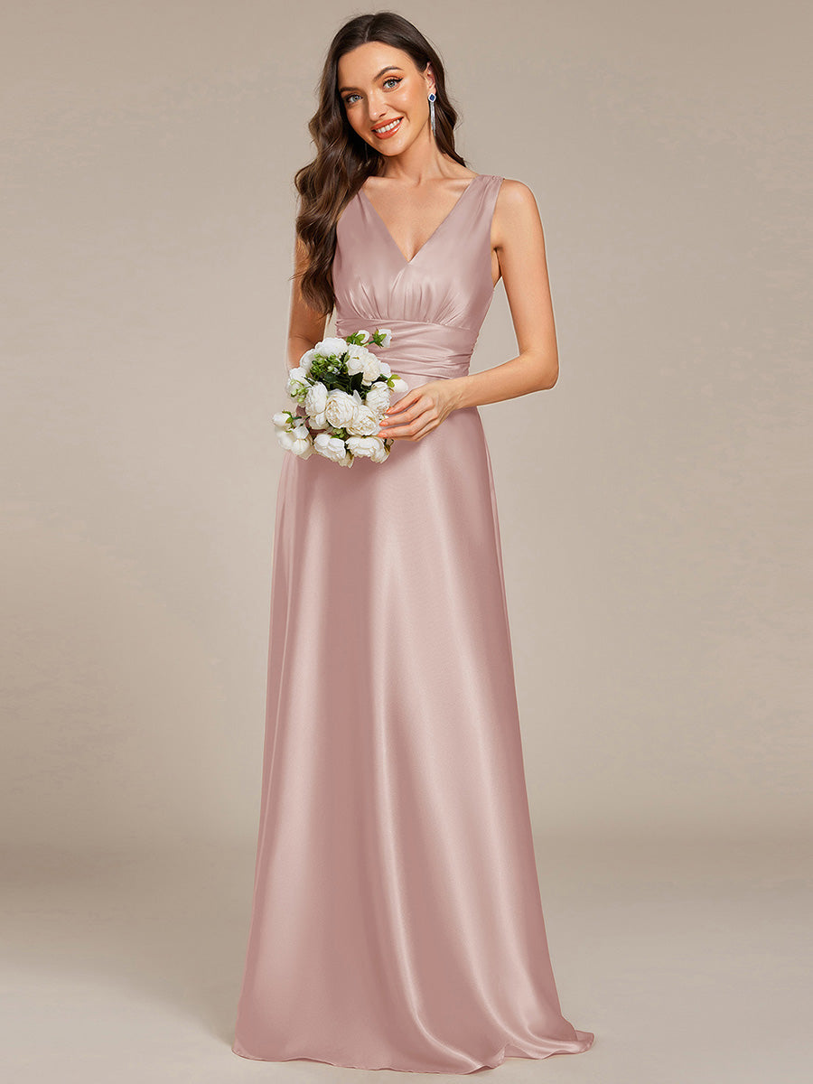 Color=Mauve | Elegant Deep V-Neck Floor Length Empire Waist Satin Bridesmaid Dresses with Pockets-Mauve 31