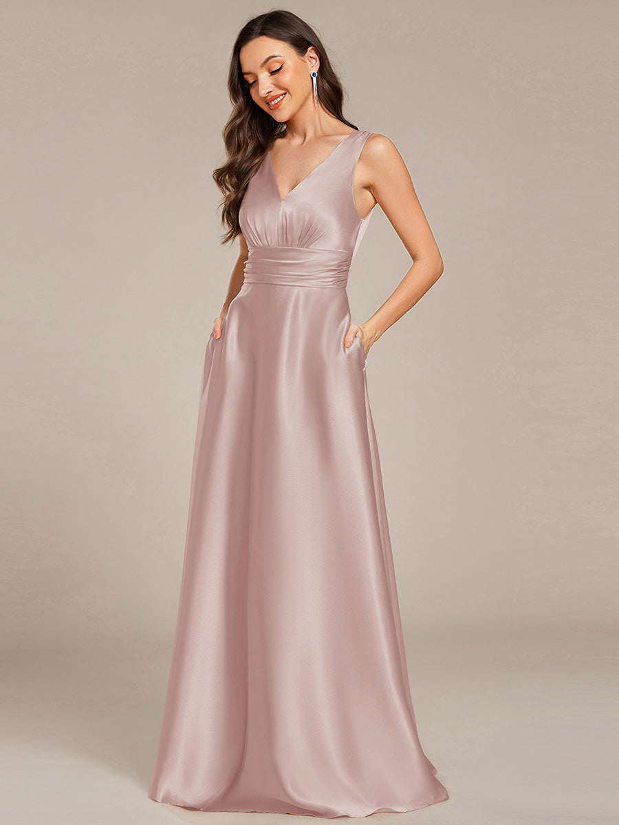 Color=Mauve | Elegant Deep V-Neck Floor Length Empire Waist Satin Bridesmaid Dresses with Pockets-Mauve 33