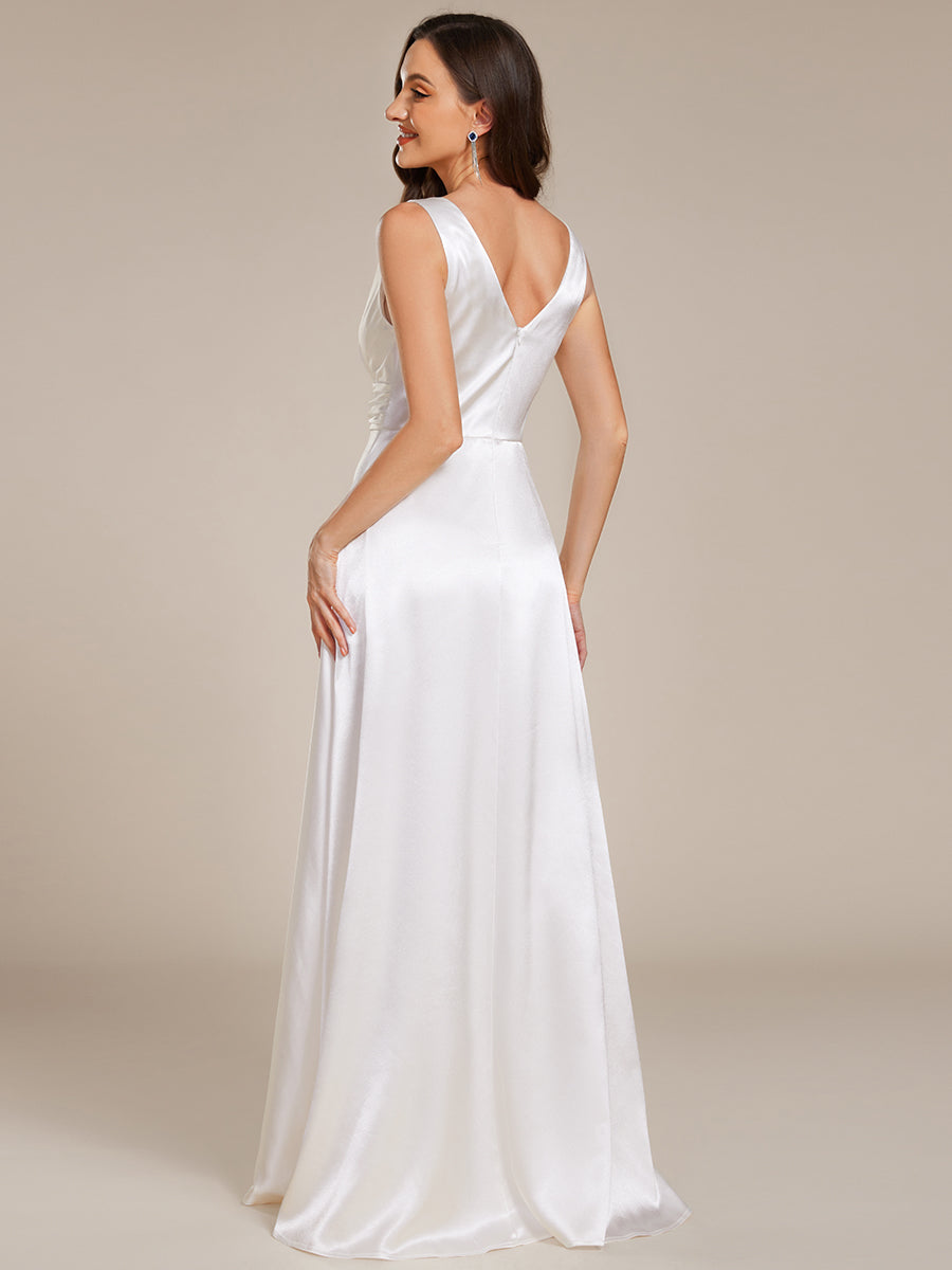 Color=White | Elegant Deep V-Neck Floor Length Empire Waist Satin Bridesmaid Dresses with Pockets-White 7