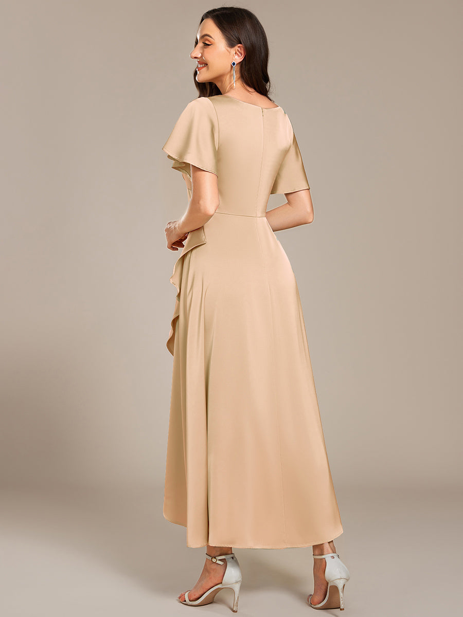 Color=Charcoal | Short Sleeve Ruffled V-Neck Asymmetrical Hem Midi Bridesmaid Dress-Charcoal 2