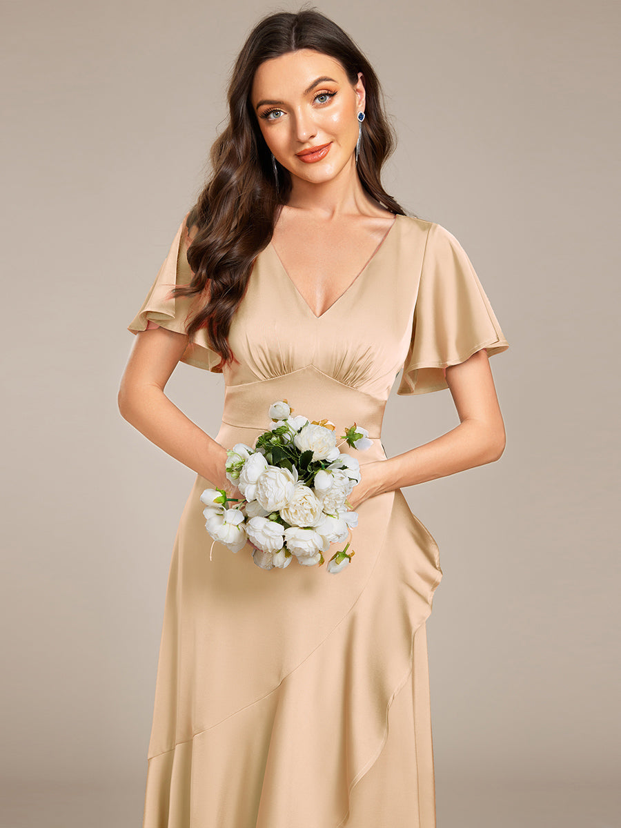 Color=Charcoal | Short Sleeve Ruffled V-Neck Asymmetrical Hem Midi Bridesmaid Dress-Charcoal 3