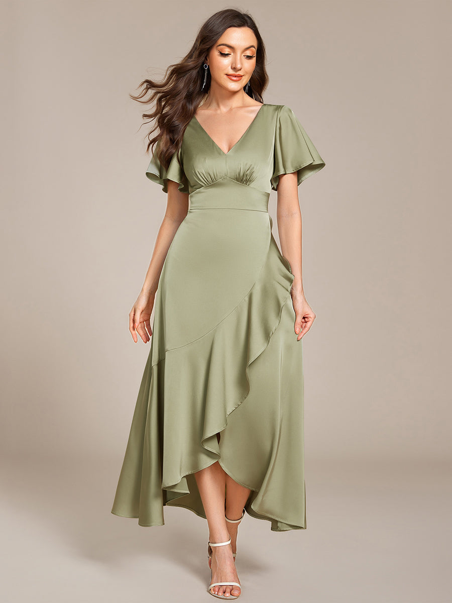 Color=Sage Green | Short Sleeve Ruffled V-Neck Asymmetrical Hem Midi Bridesmaid Dress-Sage Green 6
