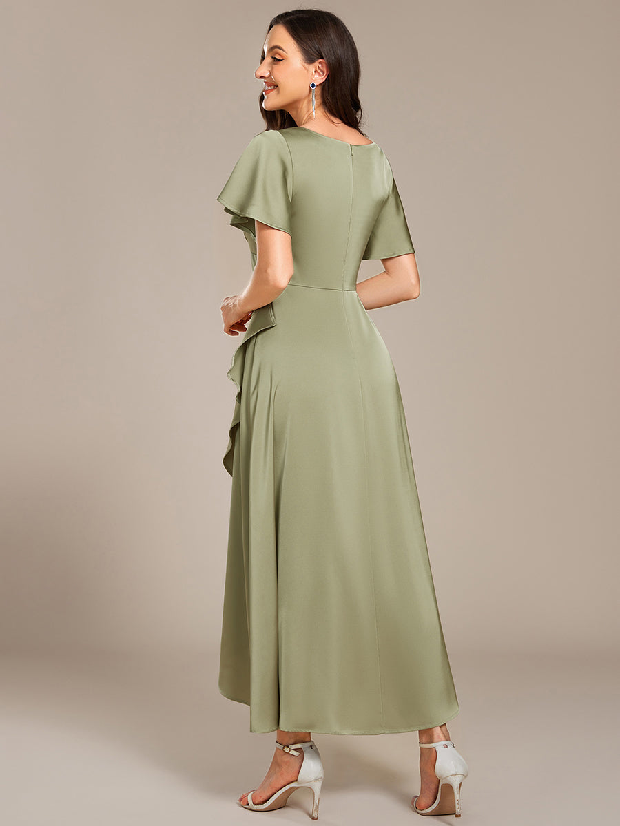 Color=Sage Green | Short Sleeve Ruffled V-Neck Asymmetrical Hem Midi Bridesmaid Dress-Sage Green 7