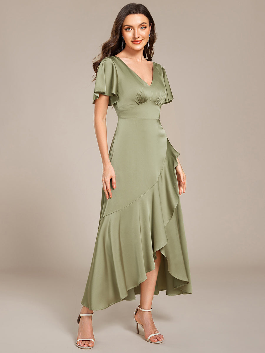 Color=Sage Green | Short Sleeve Ruffled V-Neck Asymmetrical Hem Midi Bridesmaid Dress-Sage Green 9