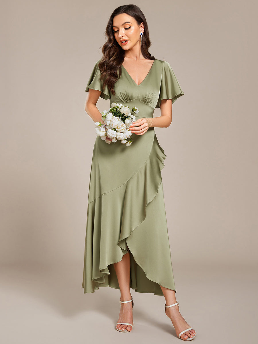 Color=Sage Green | Short Sleeve Ruffled V-Neck Asymmetrical Hem Midi Bridesmaid Dress-Sage Green 10