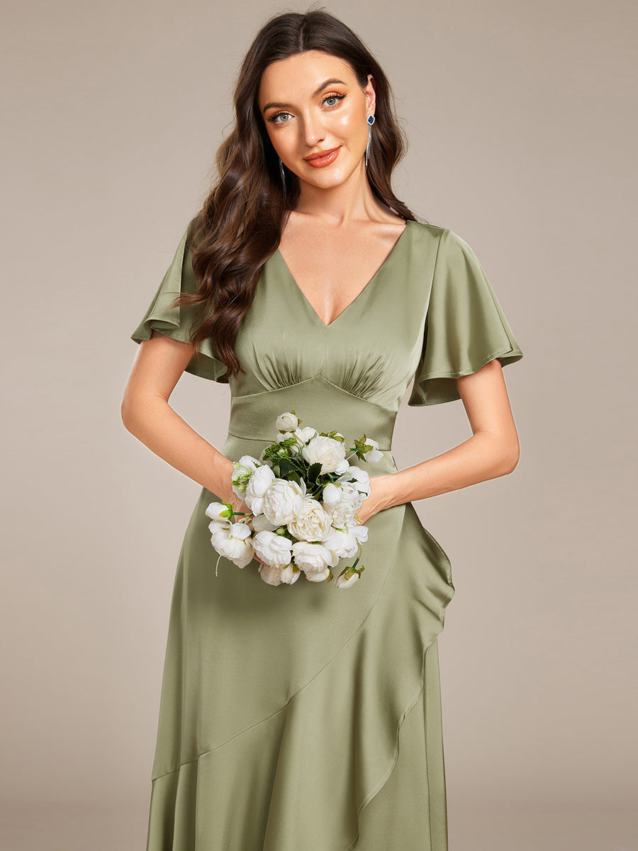 Color=Sage Green | Short Sleeve Ruffled V-Neck Asymmetrical Hem Midi Bridesmaid Dress-Sage Green 8