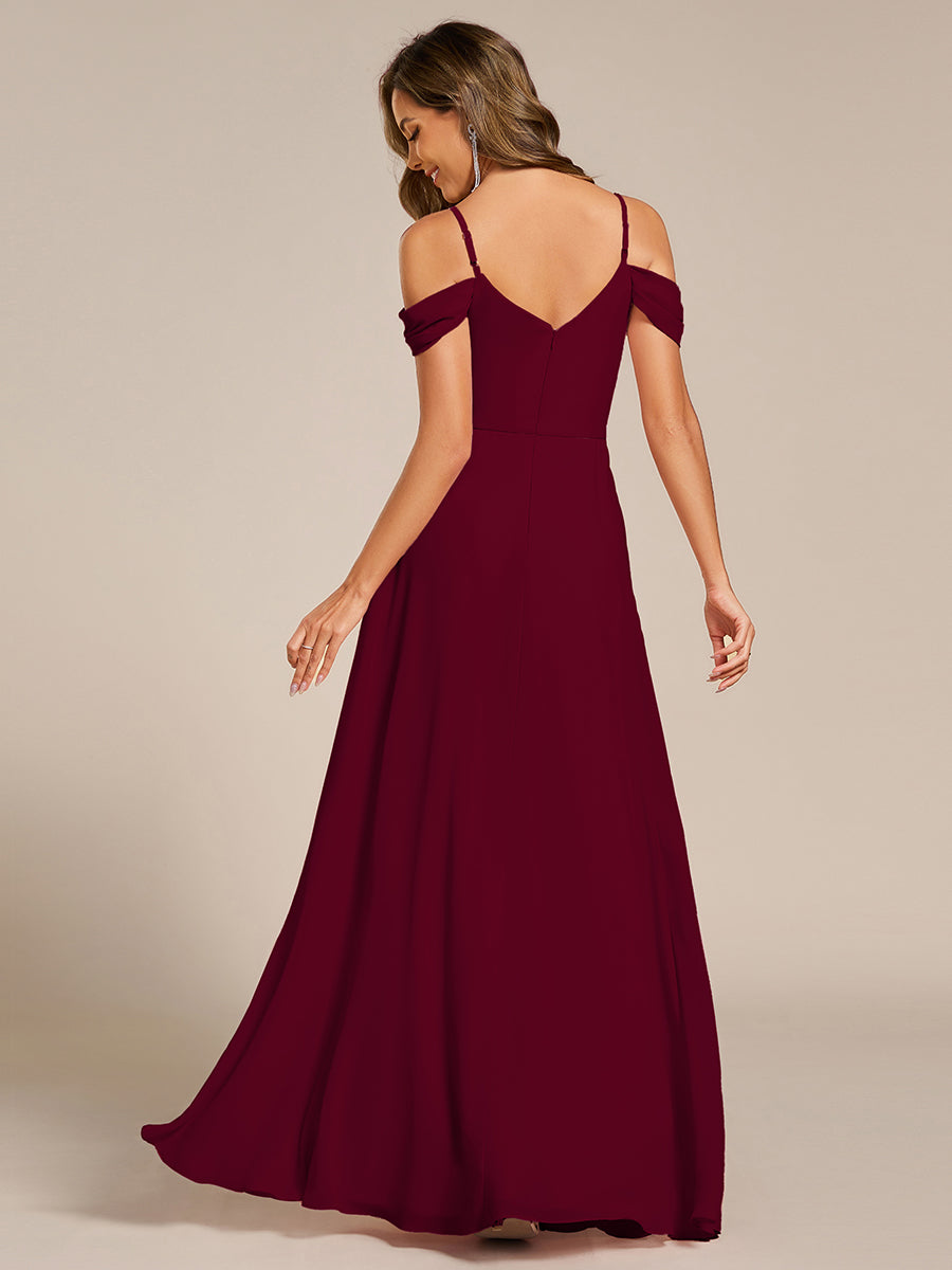 Color=Burgundy | Spaghetti Straps drop-shoulder sleeve Chiffon Bridesmaid Dress-Burgundy 2