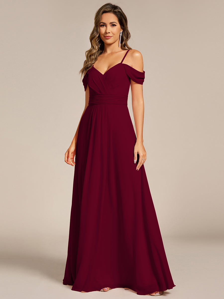 Color=Burgundy | Spaghetti Straps drop-shoulder sleeve Chiffon Bridesmaid Dress-Burgundy 3