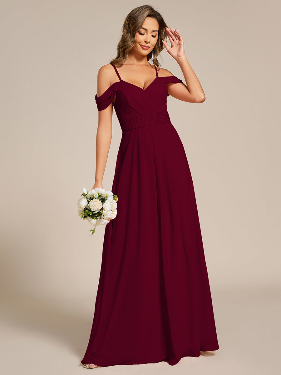 Color=Burgundy | Spaghetti Straps drop-shoulder sleeve Chiffon Bridesmaid Dress-Burgundy 4