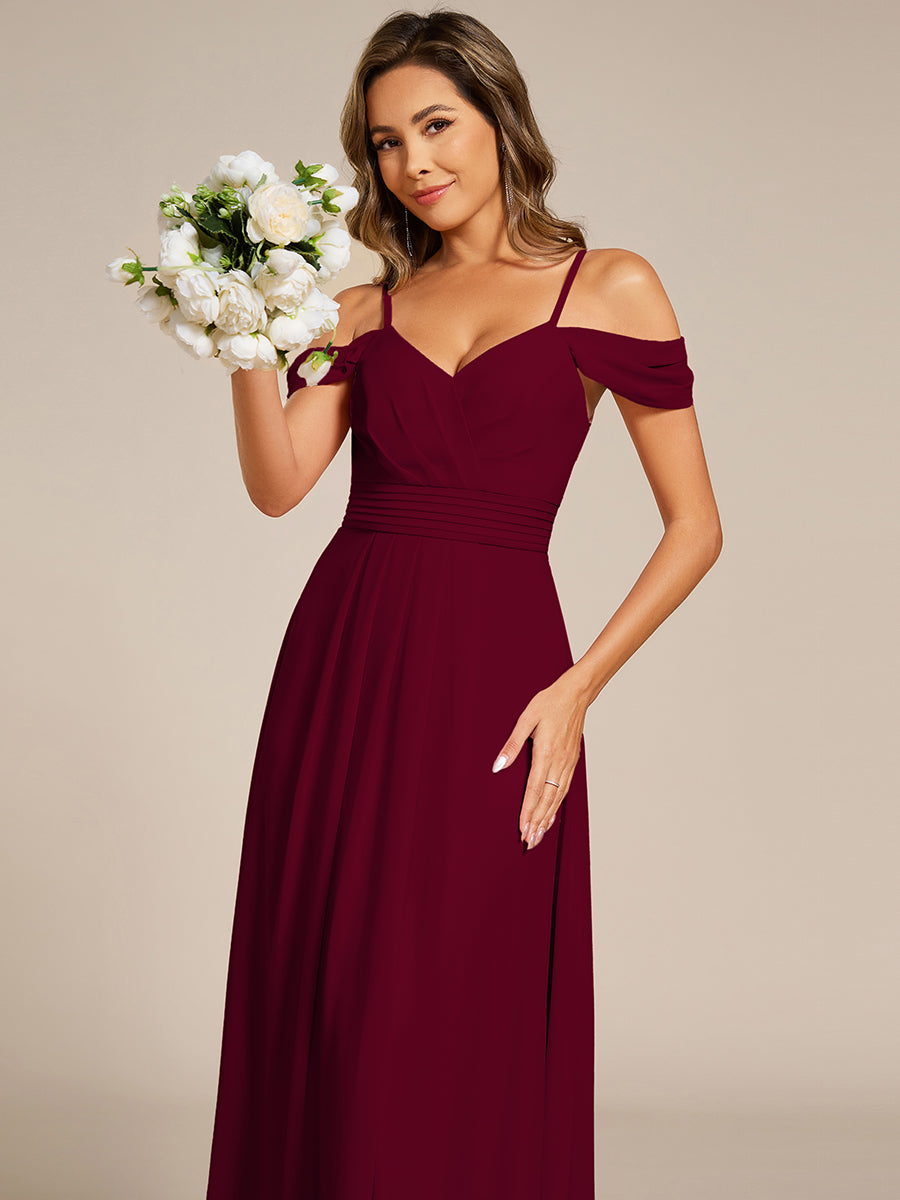 Color=Burgundy | Spaghetti Straps drop-shoulder sleeve Chiffon Bridesmaid Dress-Burgundy 5