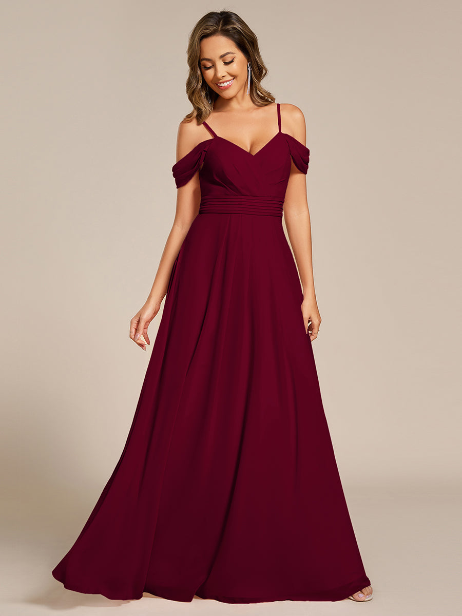 Color=Burgundy | Spaghetti Straps drop-shoulder sleeve Chiffon Bridesmaid Dress-Burgundy 1