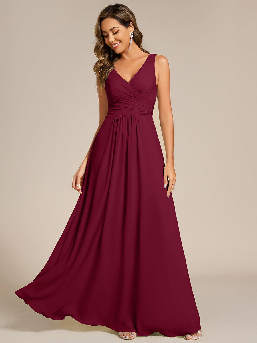 Color=Burgundy | Asymmetrical Sleeveless V-Neck A-Line Floor-Length Bridesmaid Dress-Burgundy 1