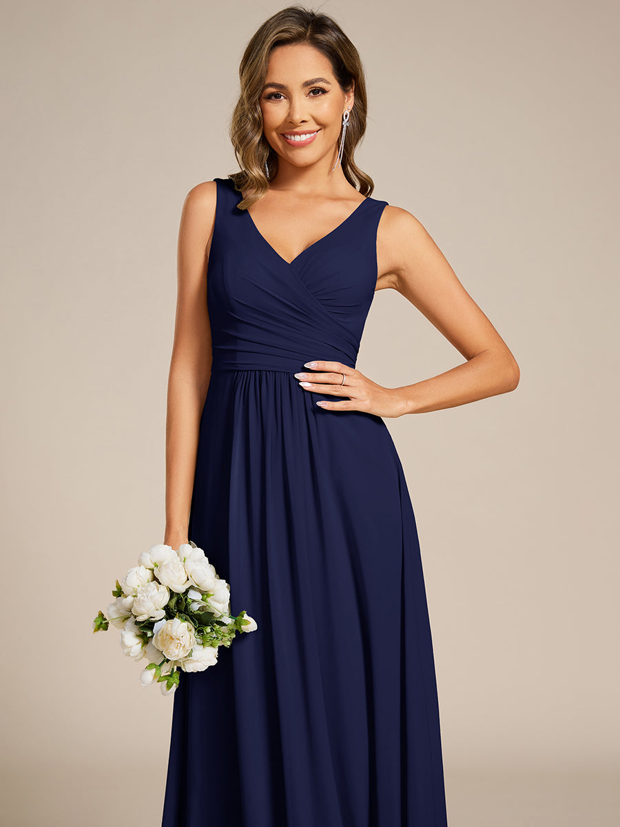 Color=Navy Blue | Asymmetrical Sleeveless V-Neck A-Line Floor-Length Bridesmaid Dress-Navy Blue 3