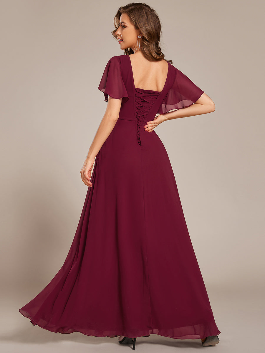 Color=Burgundy | Ruffles Sleeves Chiffon Bridesmaid Dresses with Back Frenulum Knotting-Burgundy 2