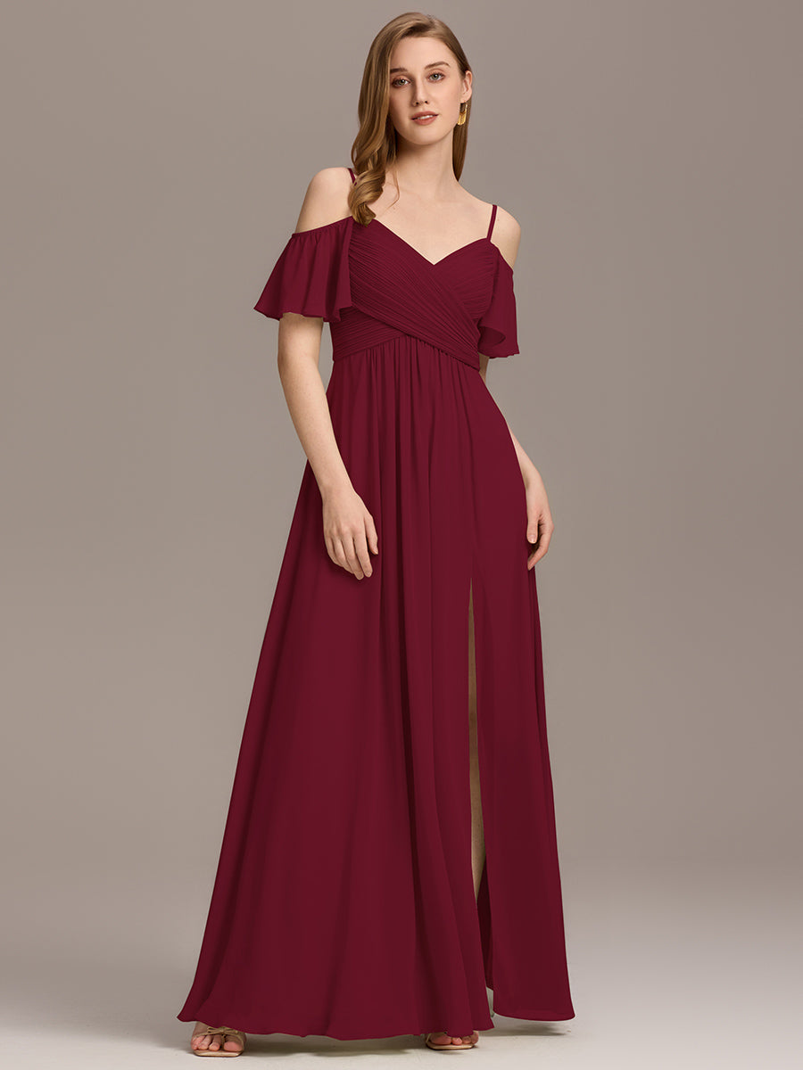 Color=Burgundy | Short Sleeve Off Shoulder Pleated A-Line Split Floor-Length Bridesmaid Dresses-Burgundy 1