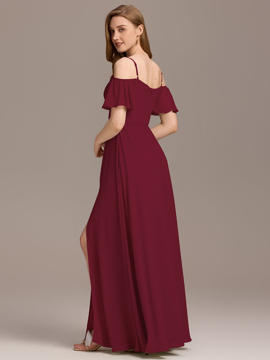 Color=Burgundy | Short Sleeve Off Shoulder Pleated A-Line Split Floor-Length Bridesmaid Dresses-Burgundy 2